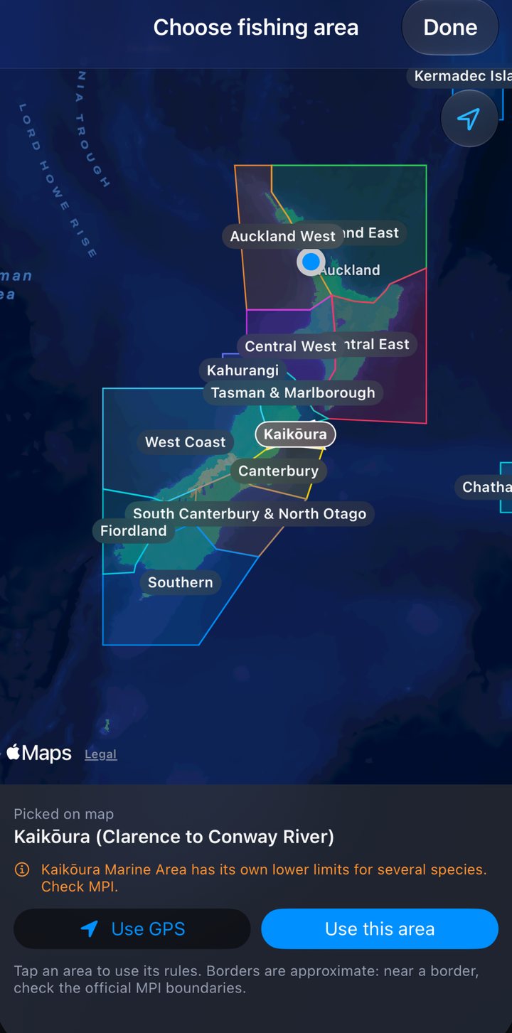 Map of New Zealand's fishing areas with Kaikōura selected.