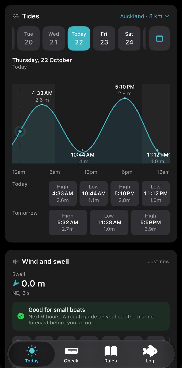 The tides card showing today's highs and lows for Auckland, with wind and swell below.